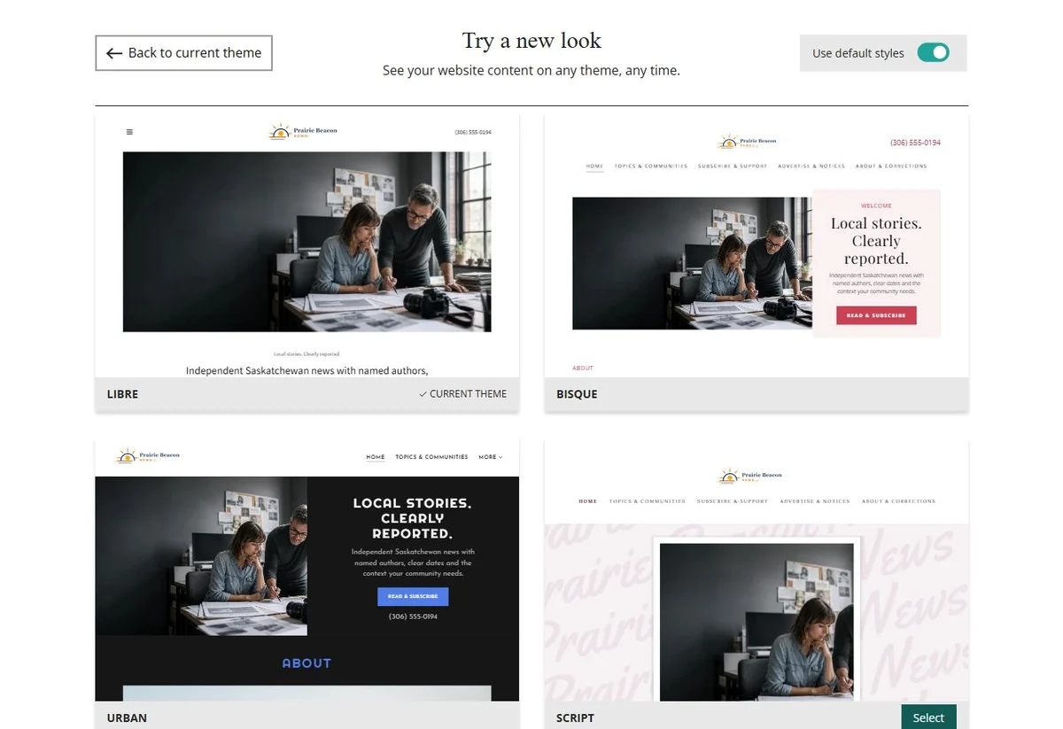 Website Builder theme previews for Prairie Beacon News using default styles, group 2