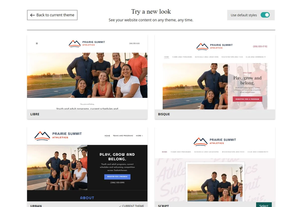 Website Builder theme previews for Prairie Summit Athletics using default styles, group 2