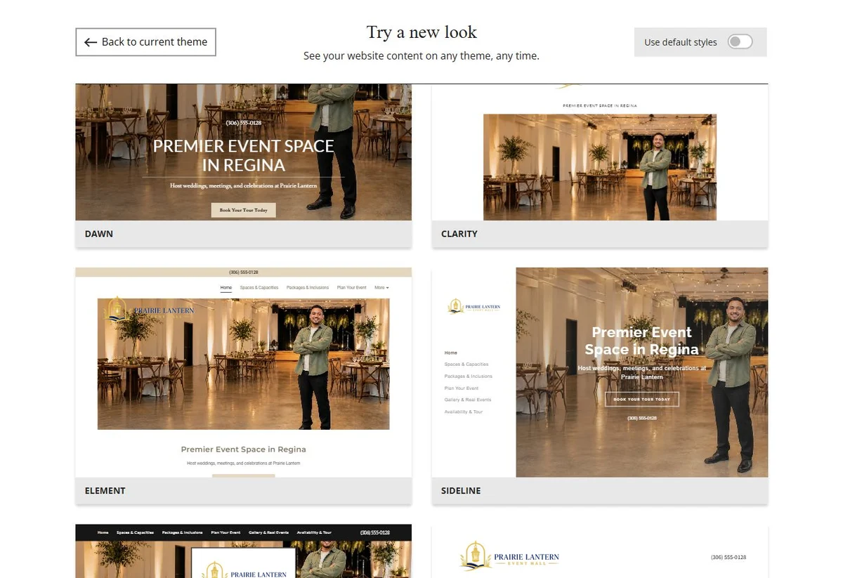 Website Builder theme previews for Prairie Lantern Event Hall, chosen-colour group 7