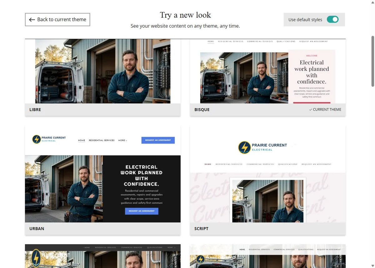 Libre, Bisque, Urban and Script Website Builder previews using each theme's default styles
