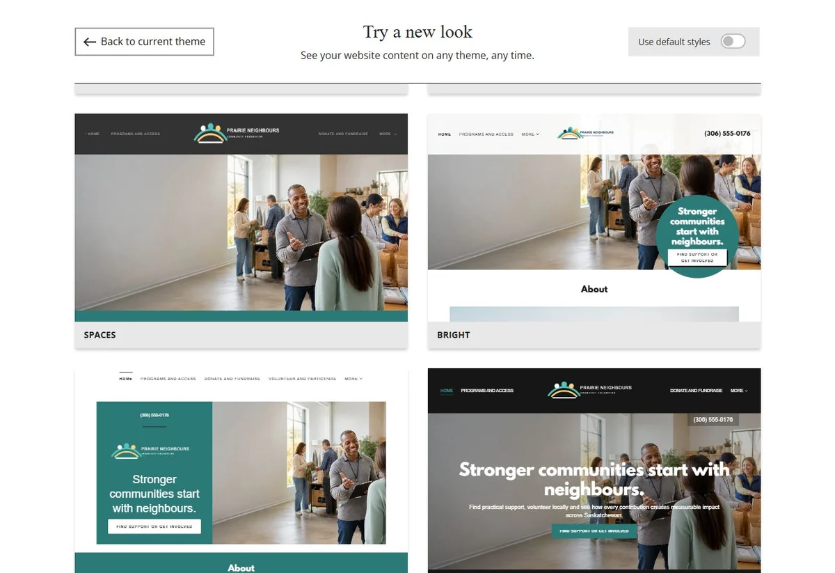 Website Builder theme previews for Prairie Neighbours using its chosen colours, group 6