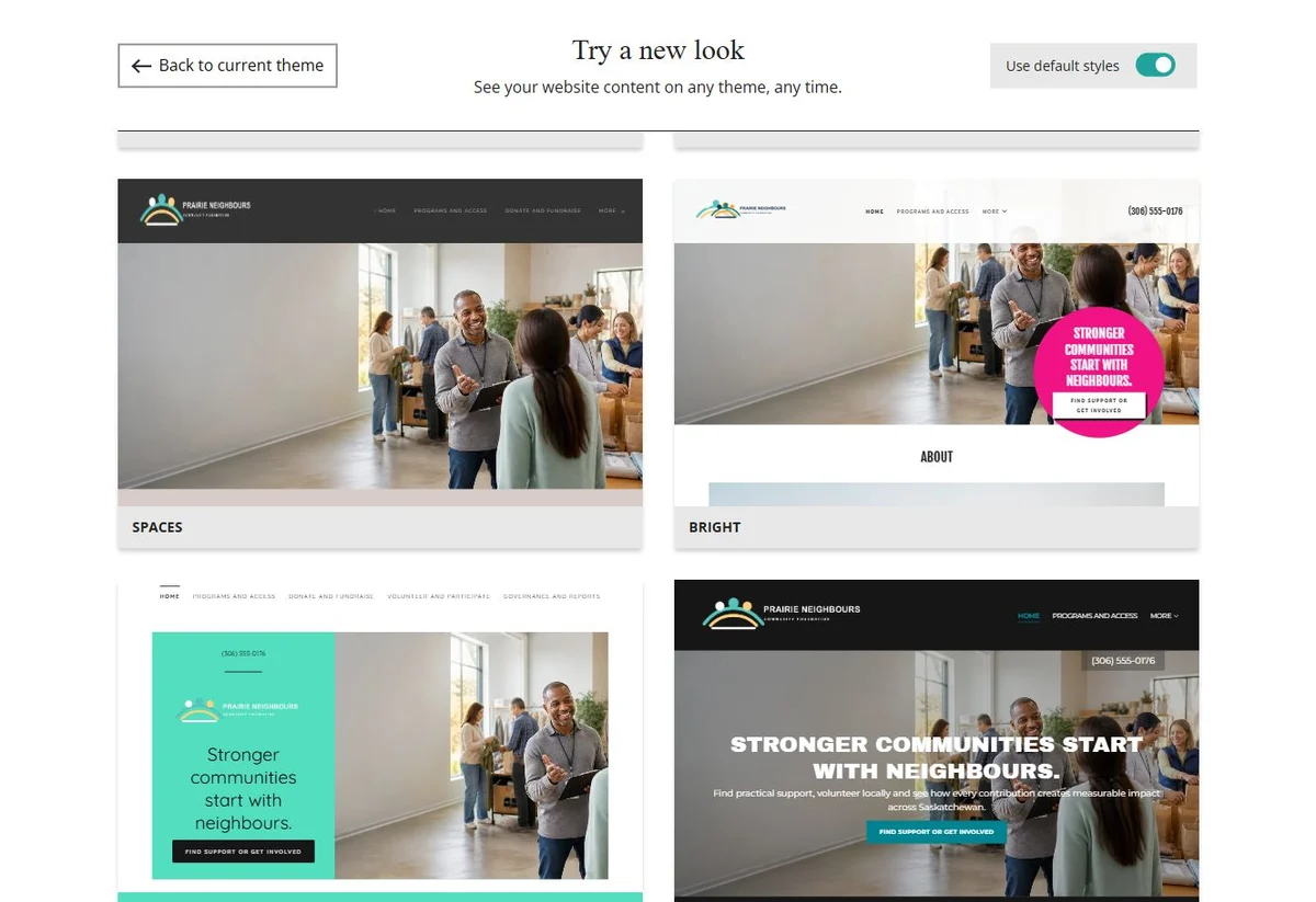 Website Builder theme previews for Prairie Neighbours using default styles, group 6