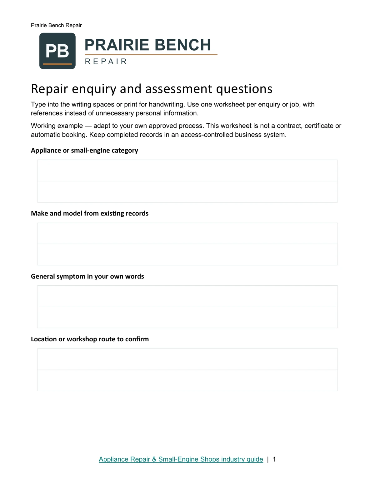 Repair enquiry and assessment questions · Page 1