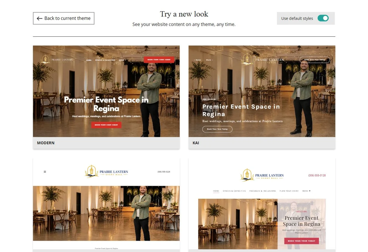 Website Builder default-style theme previews for Prairie Lantern Event Hall, group 1