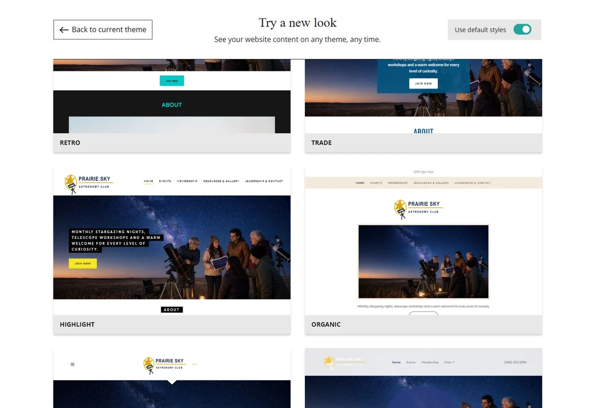 Website Builder theme previews for Prairie Sky Astronomy Club using default styles, group 9