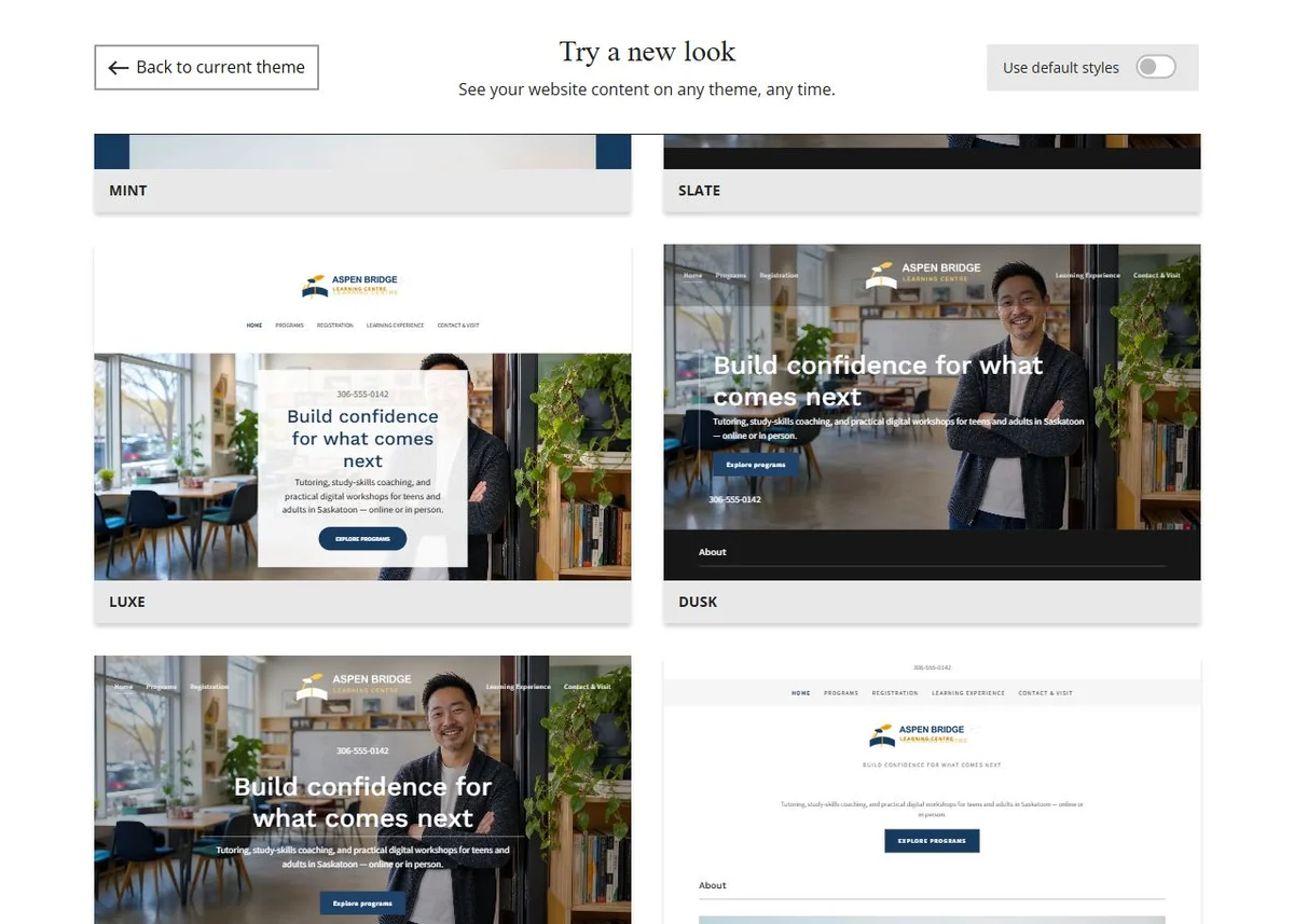 Website Builder theme previews for Aspen Bridge Learning Centre using its chosen colours, group 4