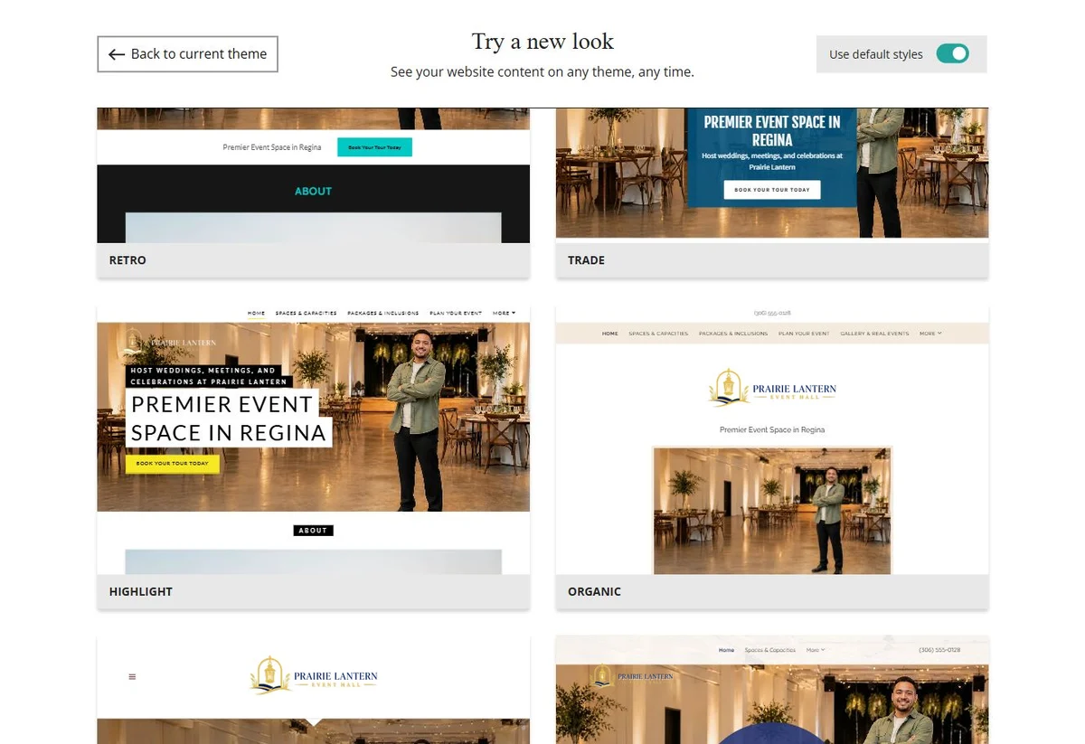 Website Builder default-style theme previews for Prairie Lantern Event Hall, group 9