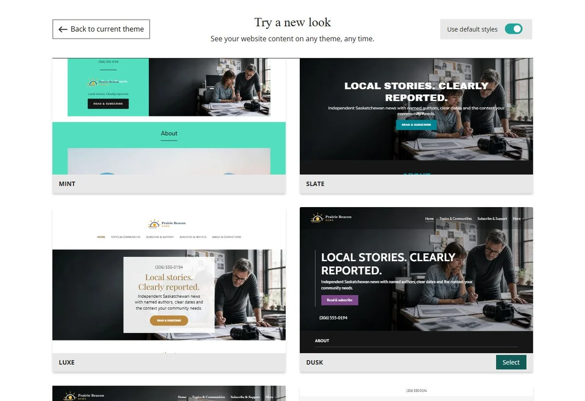 Website Builder theme previews for Prairie Beacon News using default styles, group 5
