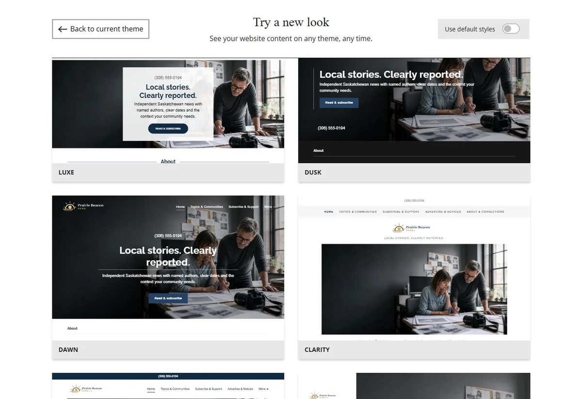 Website Builder theme previews for Prairie Beacon News using its chosen colours, group 6
