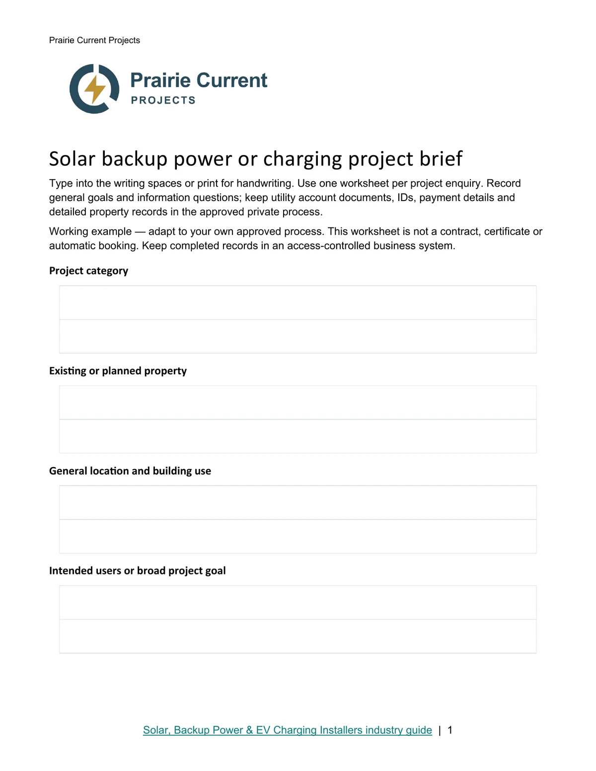 Solar backup power or charging project brief · Page 1
