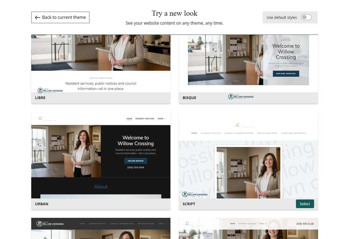 Website Builder theme previews for Town of Willow Crossing using its chosen colours, group 2