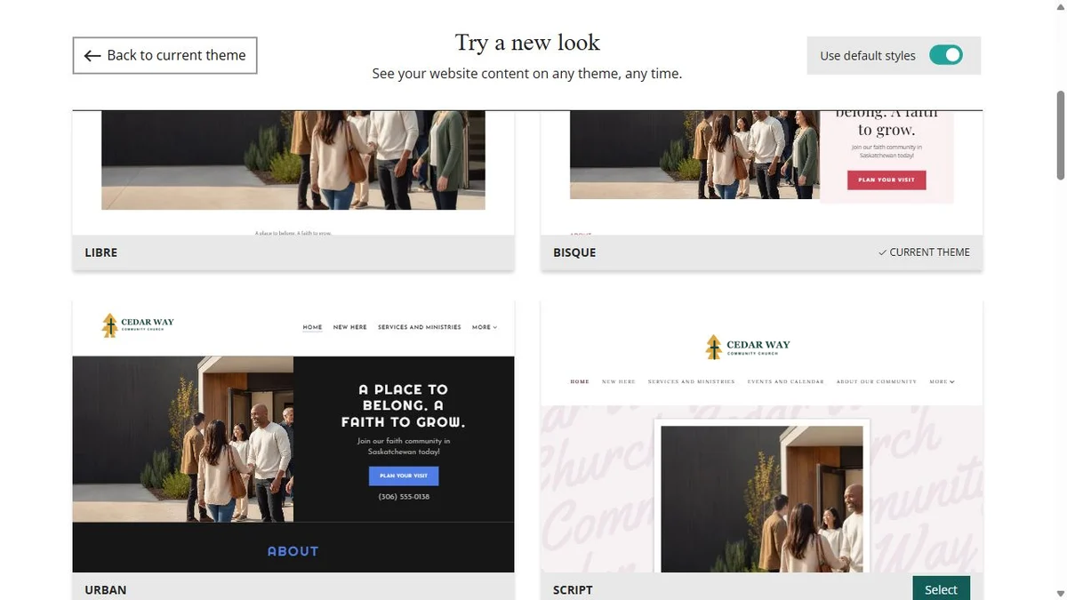 Website Builder theme previews for Cedar Way Community Church using default styles, group 2