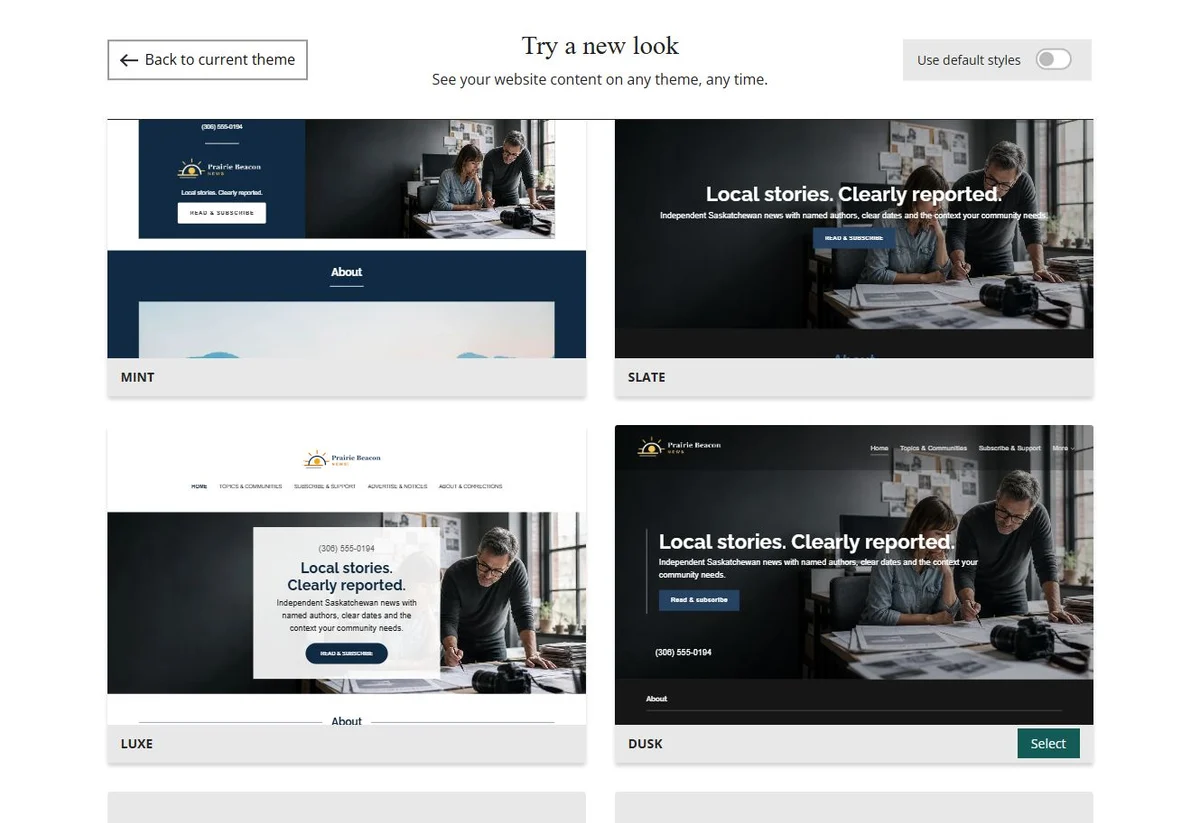 Website Builder theme previews for Prairie Beacon News using its chosen colours, group 5