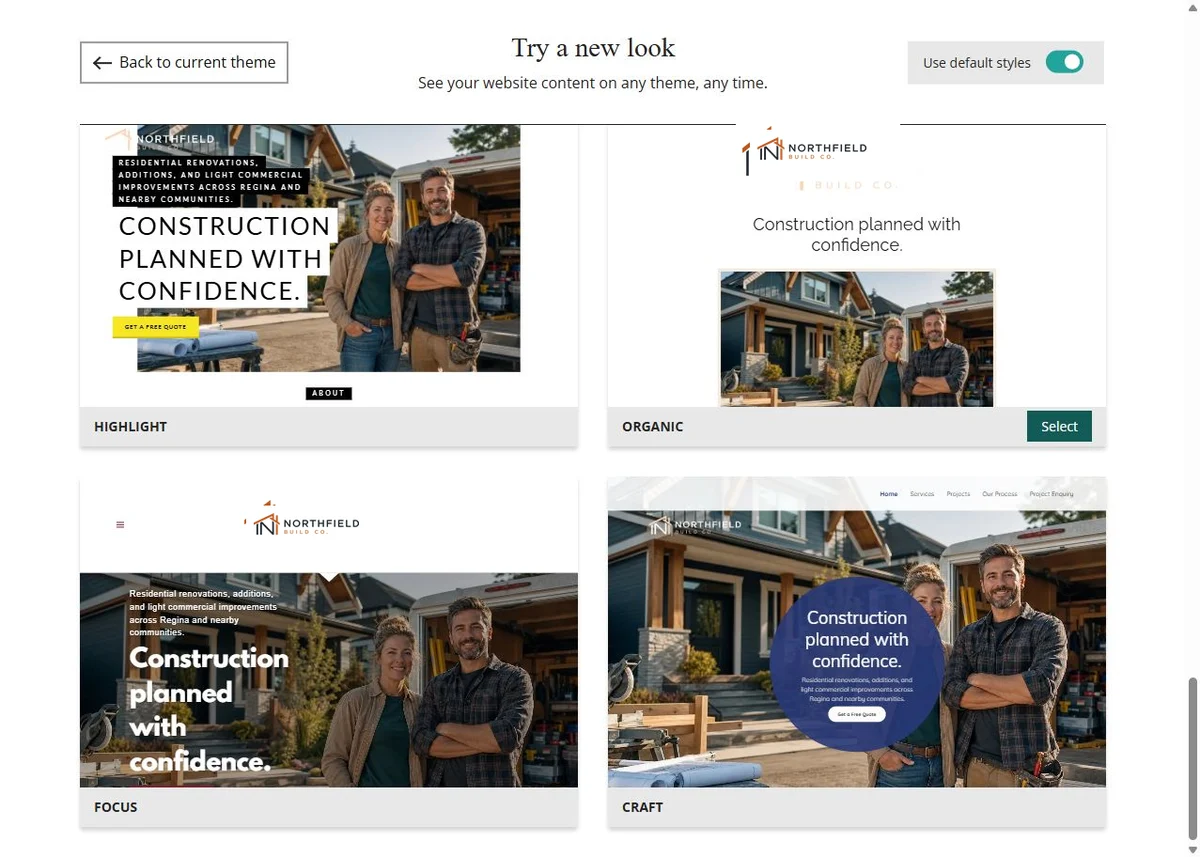 Highlight, Organic, Focus and Craft Website Builder previews using each theme's default styles