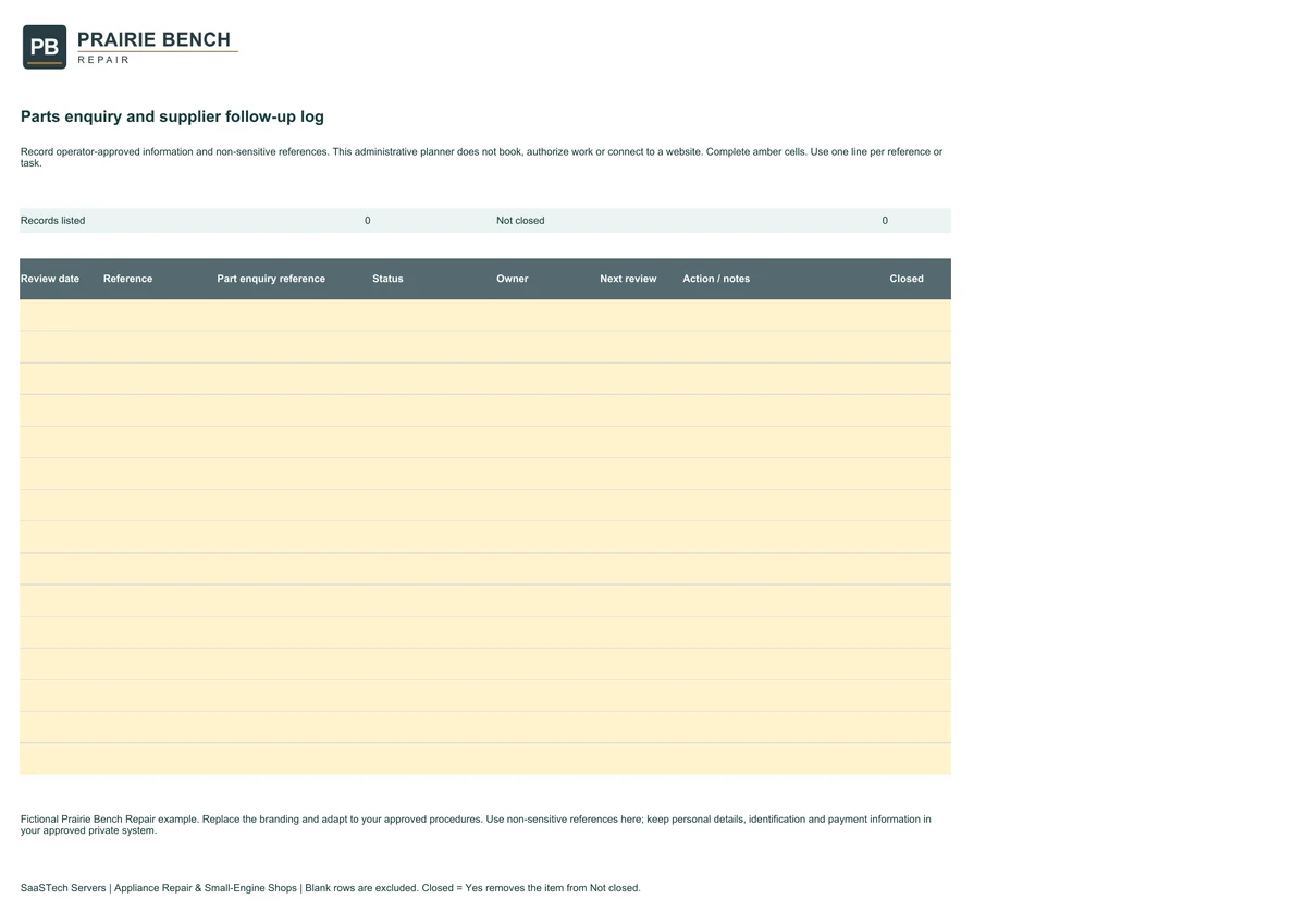Parts enquiry and supplier follow-up log