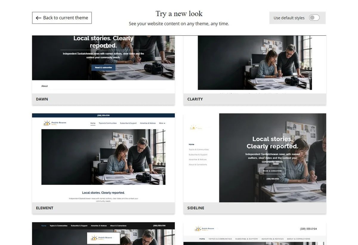 Website Builder theme previews for Prairie Beacon News using its chosen colours, group 7