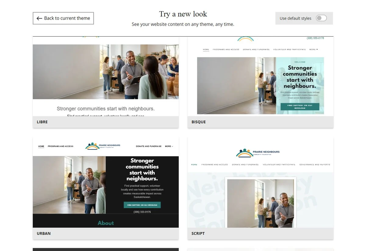 Website Builder theme previews for Prairie Neighbours using its chosen colours, group 3