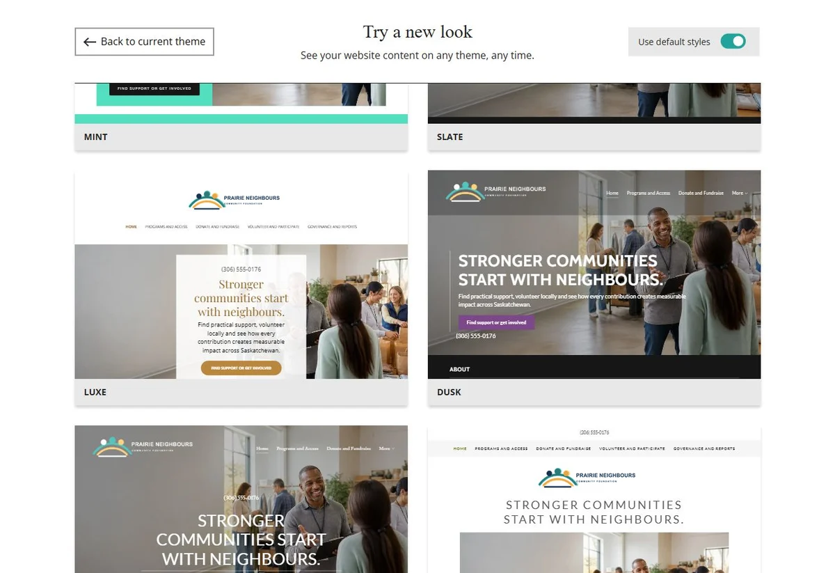 Website Builder theme previews for Prairie Neighbours using default styles, group 9