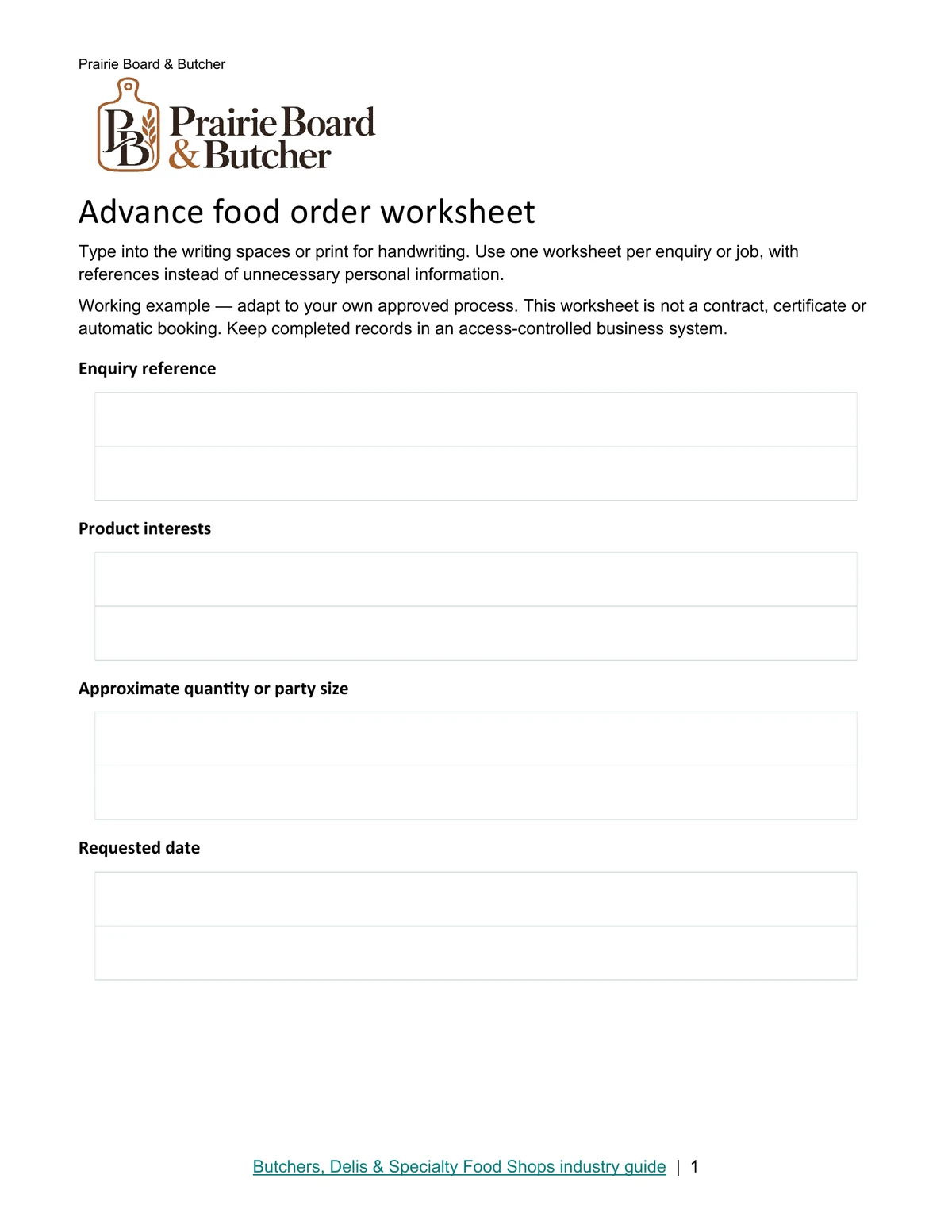 Advance food order worksheet · Page 1