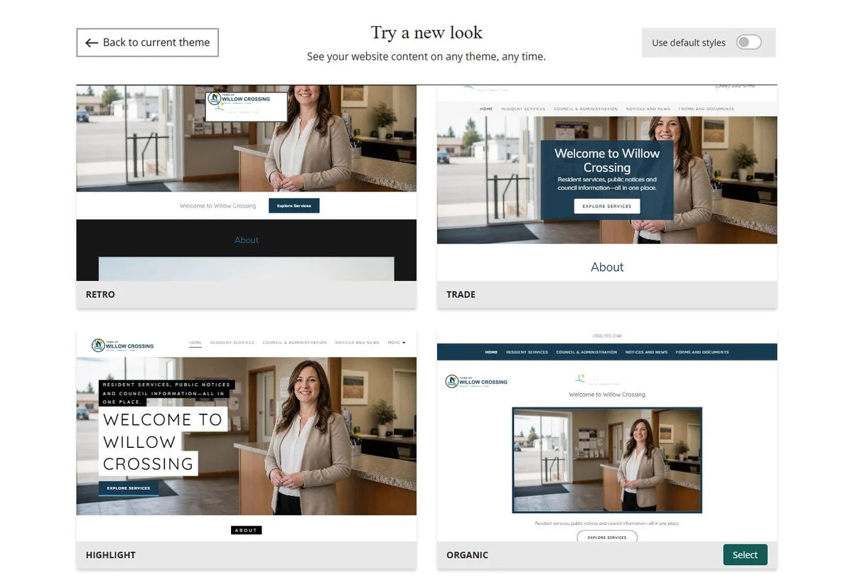 Website Builder theme previews for Town of Willow Crossing using its chosen colours, group 7
