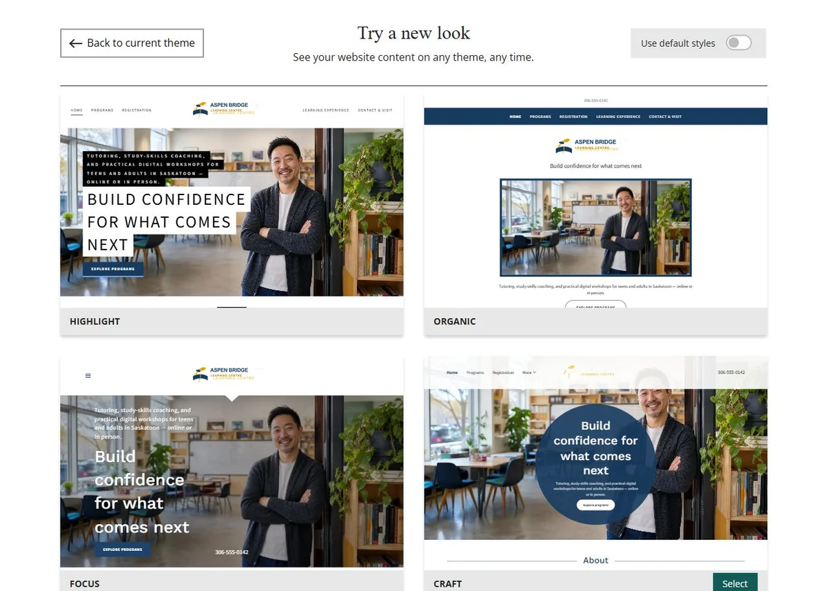 Website Builder theme previews for Aspen Bridge Learning Centre using its chosen colours, group 7