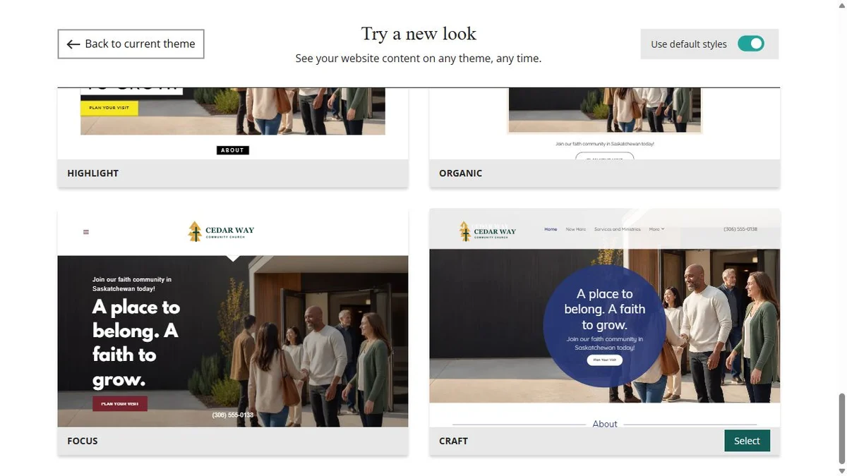 Website Builder theme previews for Cedar Way Community Church using default styles, group 8
