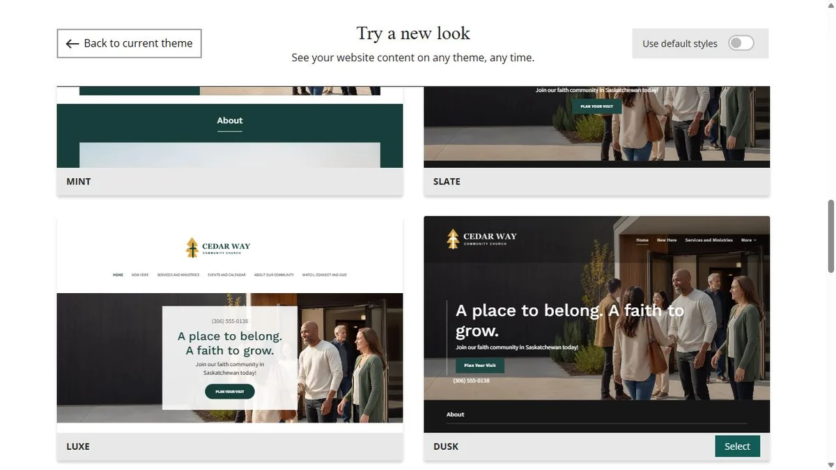 Website Builder theme previews for Cedar Way Community Church using chosen colours, group 4