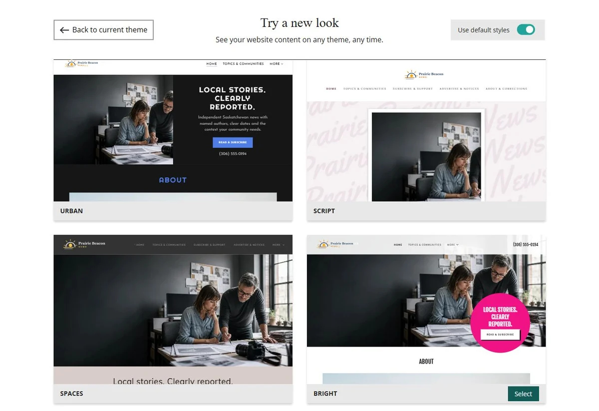 Website Builder theme previews for Prairie Beacon News using default styles, group 3