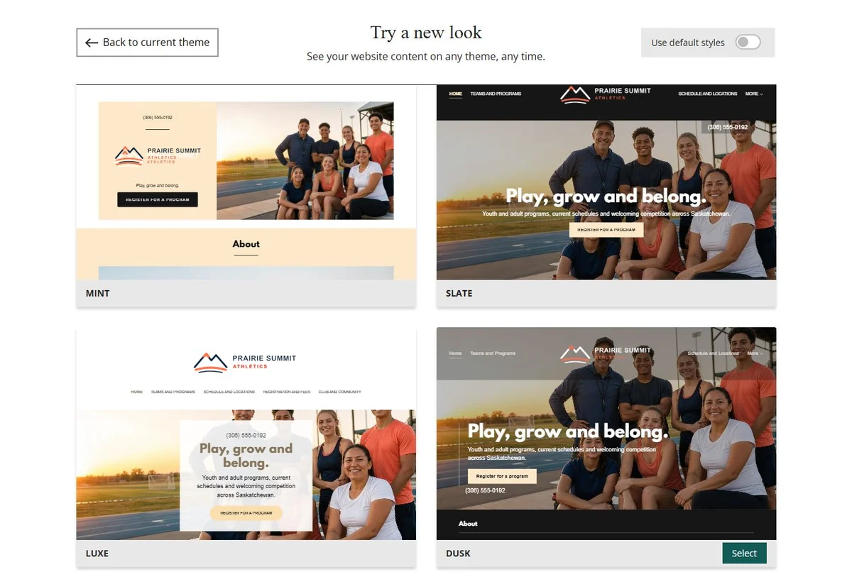Website Builder theme previews for Prairie Summit Athletics using its chosen colours, group 5