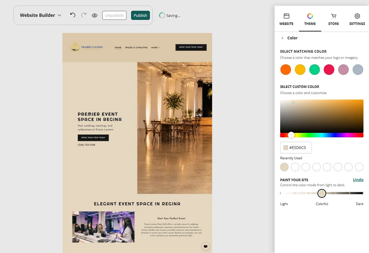Prairie Lantern Event Hall in the Website Builder colourful paint setting
