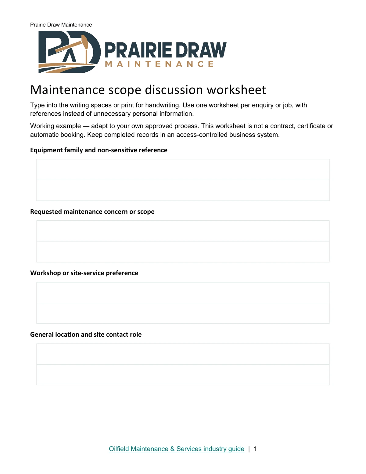 Maintenance scope discussion worksheet · Page 1