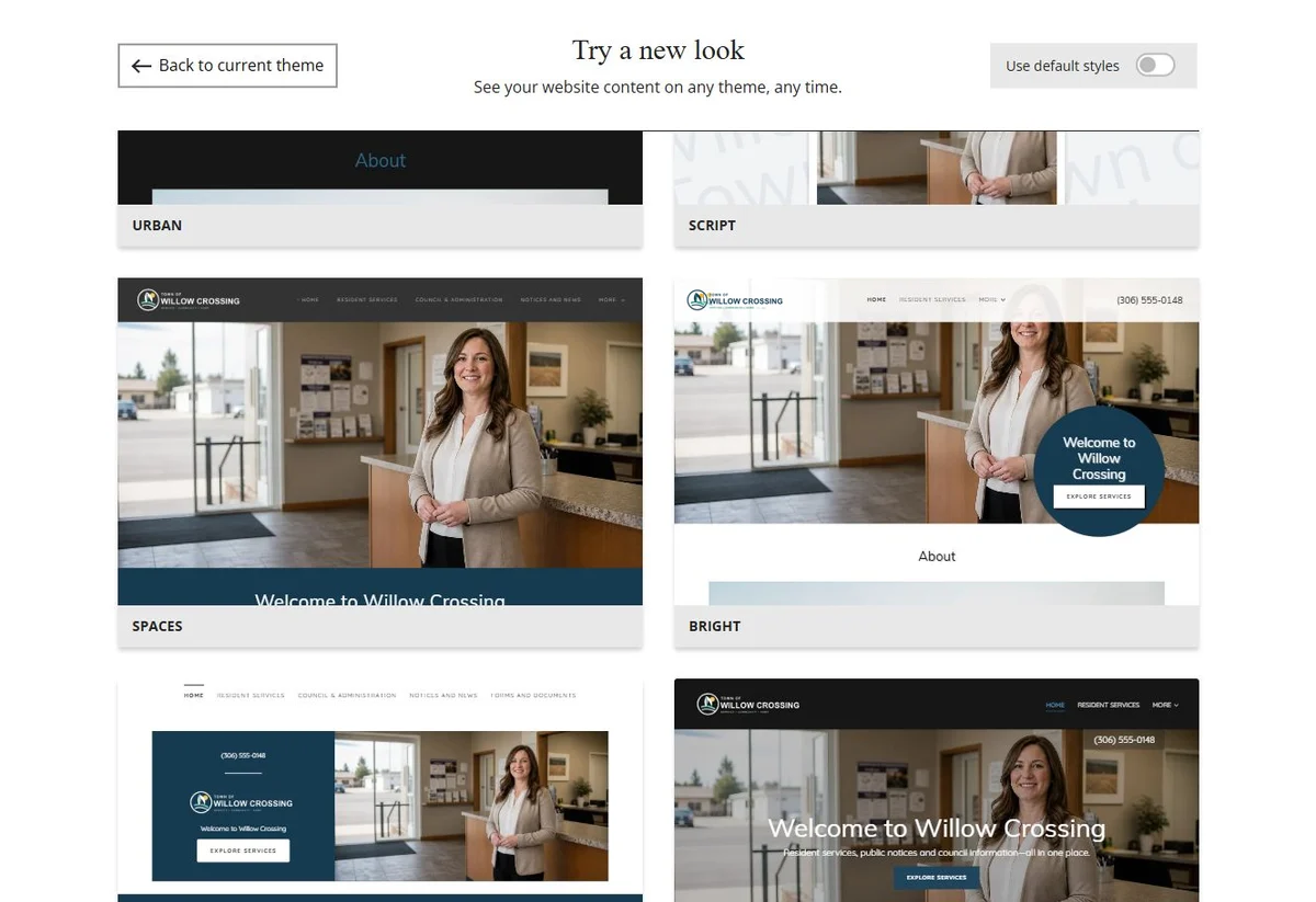 Website Builder theme previews for Town of Willow Crossing using its chosen colours, group 3