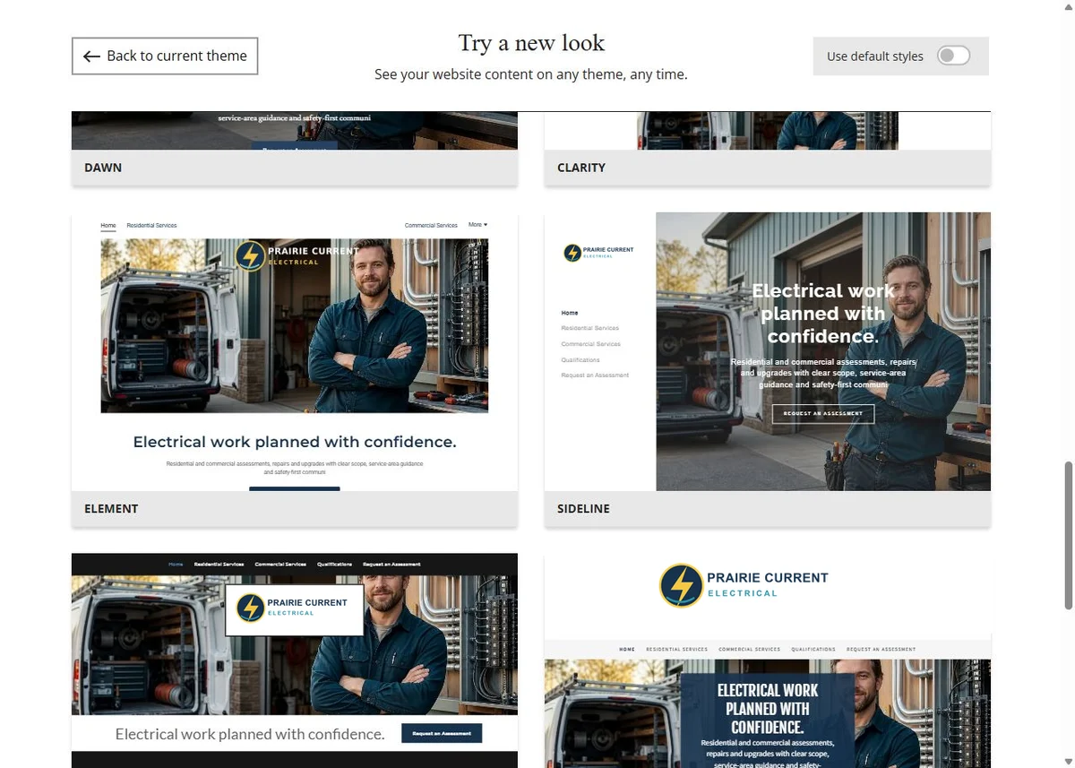 Dawn, Clarity, Element and Sideline Website Builder previews using Prairie Current Electrical's chosen navy colour