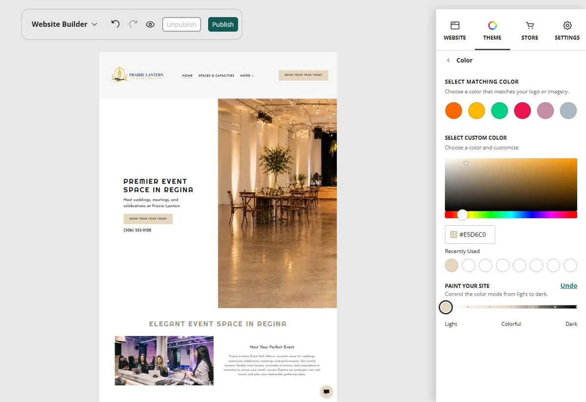 Prairie Lantern Event Hall in the Website Builder light paint setting