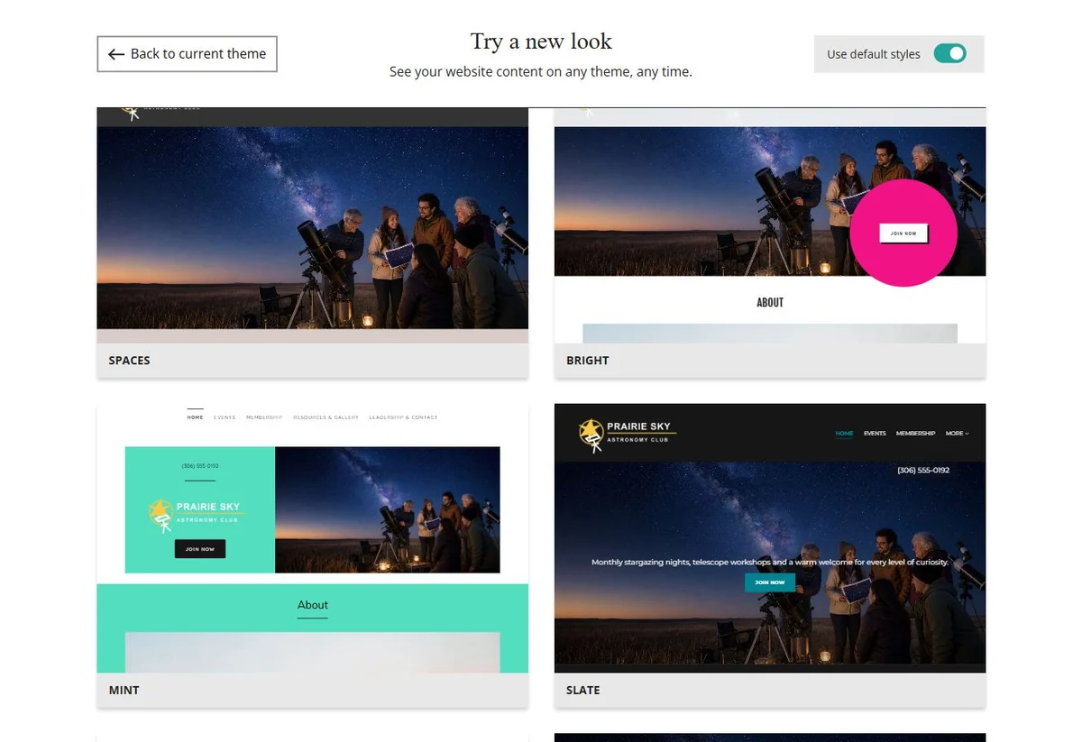 Website Builder theme previews for Prairie Sky Astronomy Club using default styles, group 4