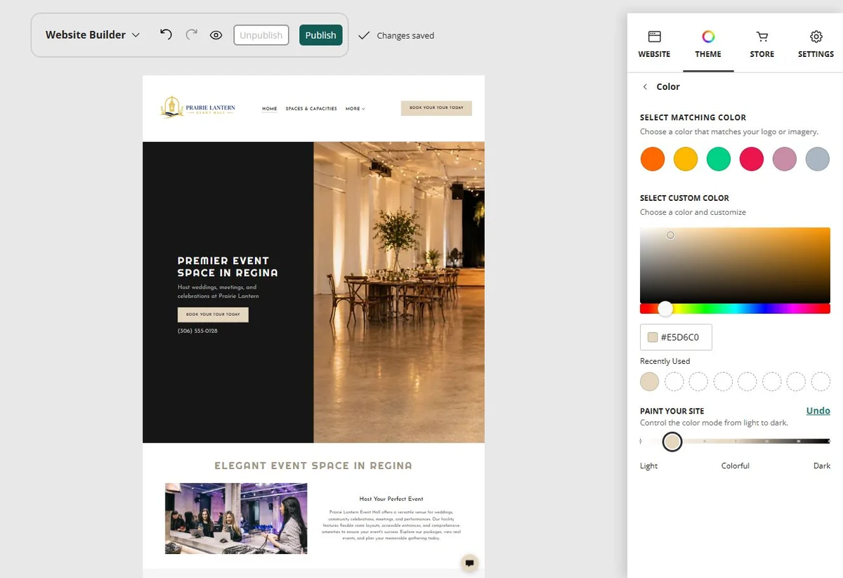 Prairie Lantern Event Hall in the Website Builder light balanced paint setting