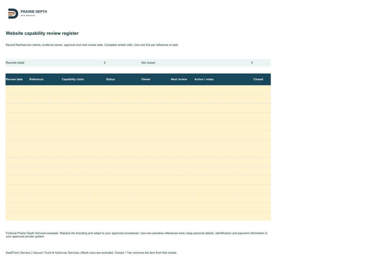 Website capability review register