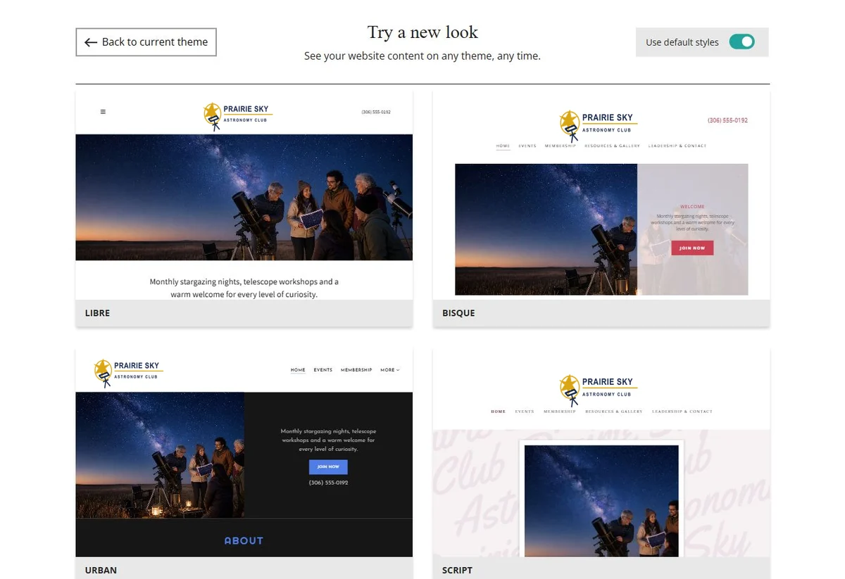 Website Builder theme previews for Prairie Sky Astronomy Club using default styles, group 2
