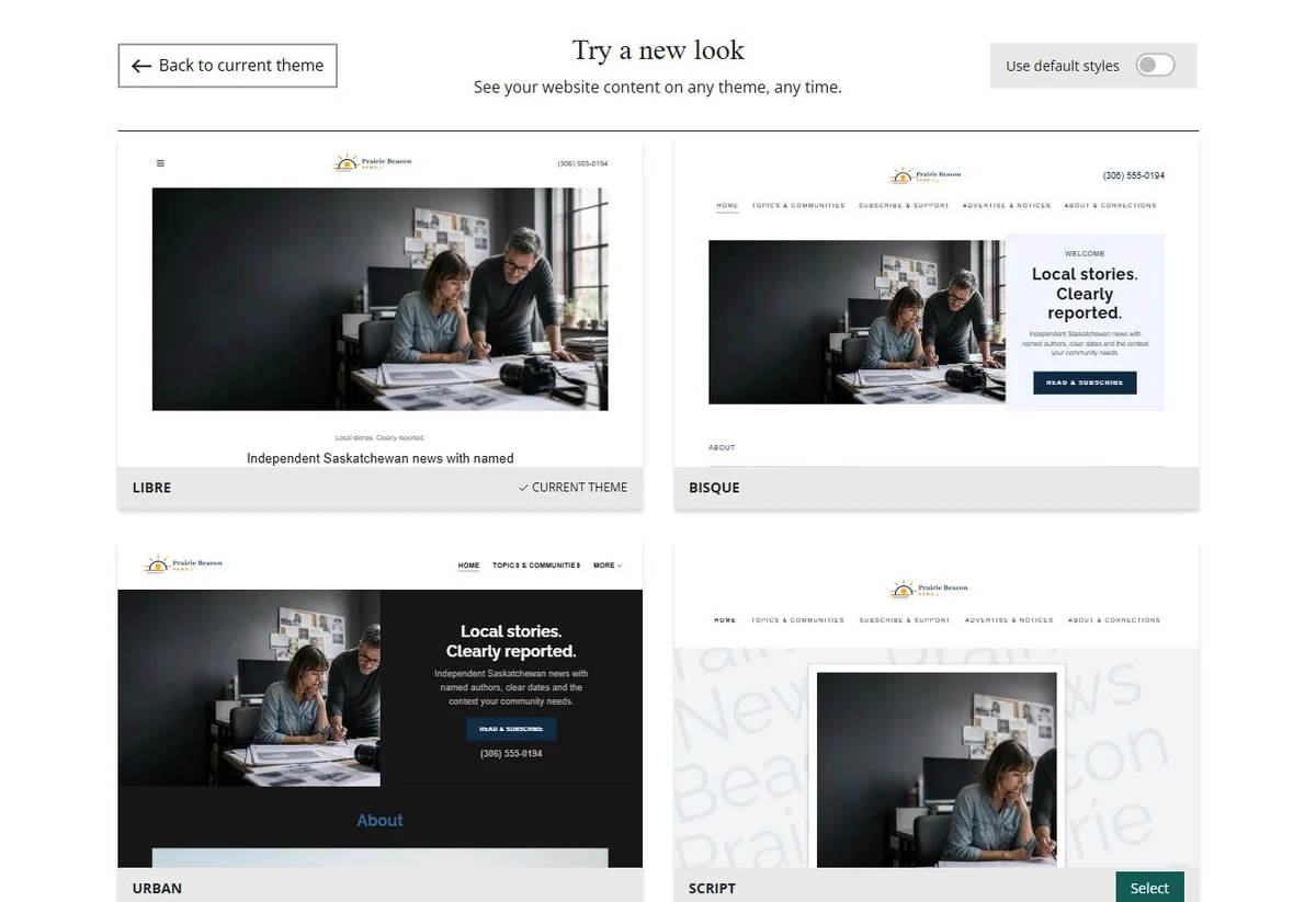 Website Builder theme previews for Prairie Beacon News using its chosen colours, group 2