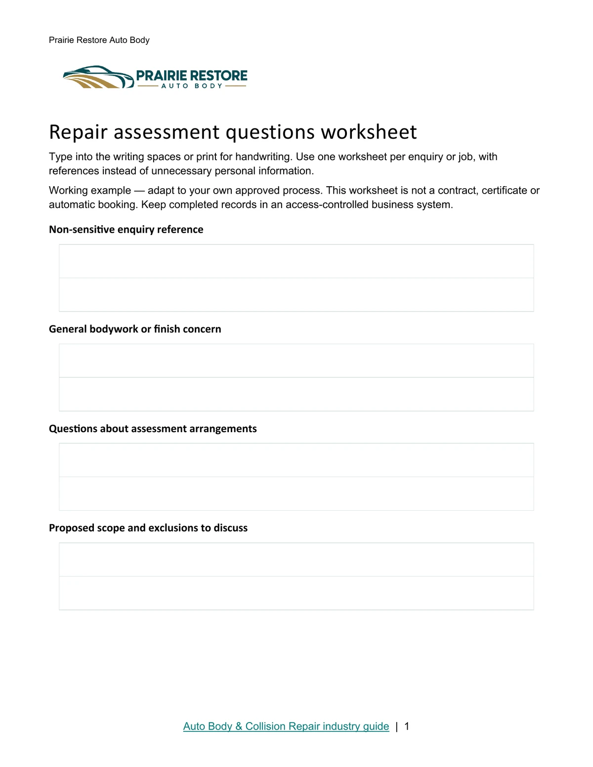 Repair assessment questions worksheet · Page 1