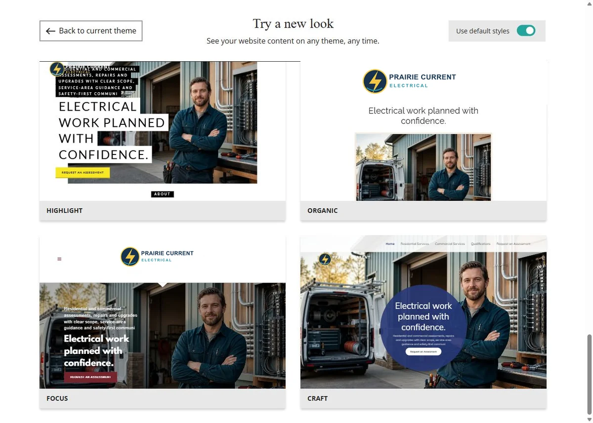Highlight, Organic, Focus and Craft Website Builder previews using each theme's default styles