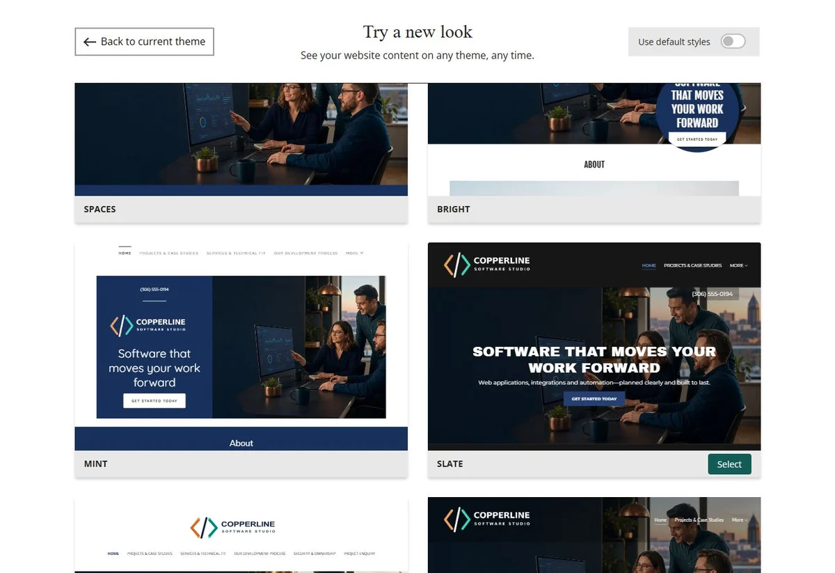 Website Builder chosen-colour theme previews for Copperline Software Studio, group 3