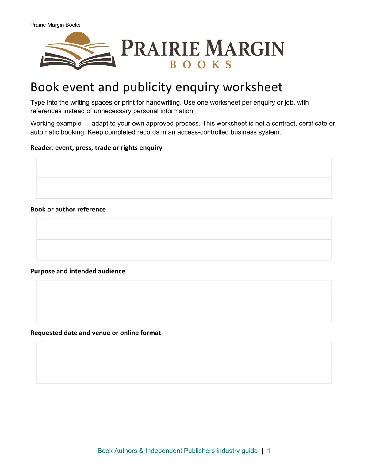 Book event and publicity enquiry worksheet · Page 1