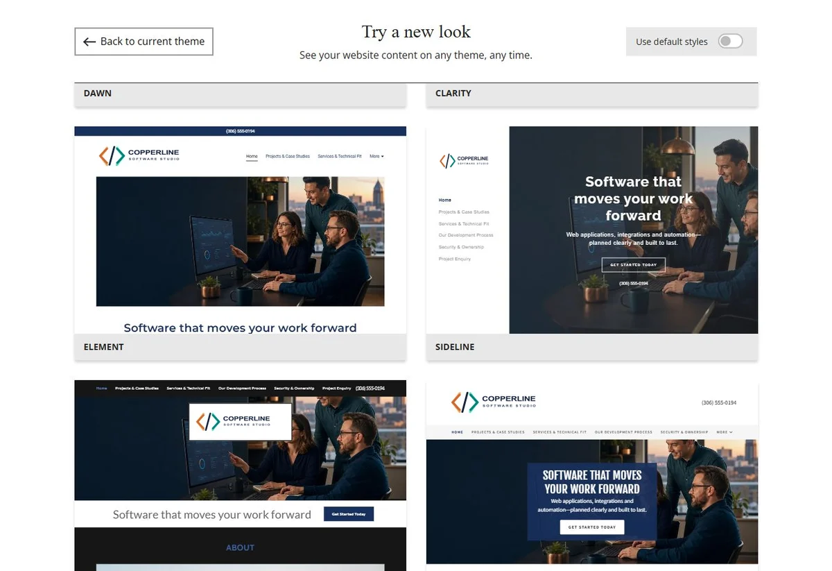 Website Builder chosen-colour theme previews for Copperline Software Studio, group 5