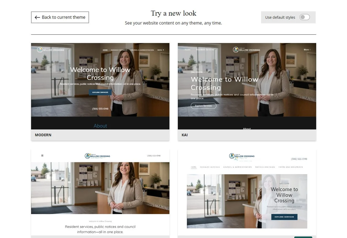 Website Builder theme previews for Town of Willow Crossing using its chosen colours, group 1
