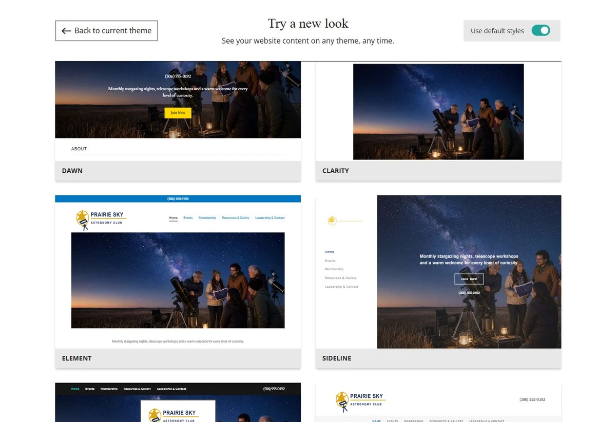Website Builder theme previews for Prairie Sky Astronomy Club using default styles, group 7