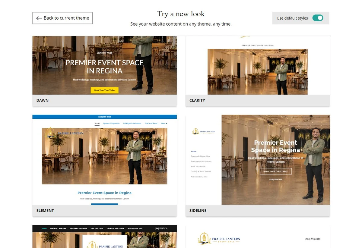 Website Builder default-style theme previews for Prairie Lantern Event Hall, group 7