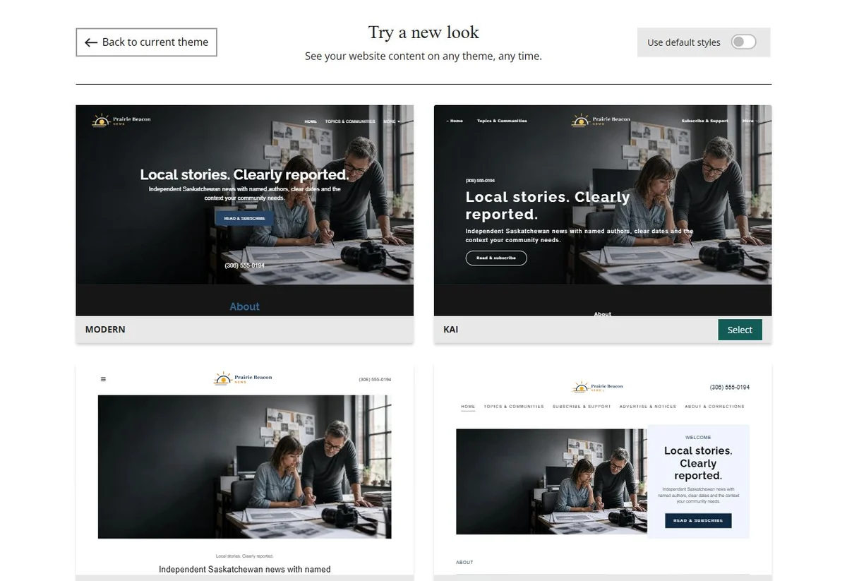 Website Builder theme previews for Prairie Beacon News using its chosen colours, group 1