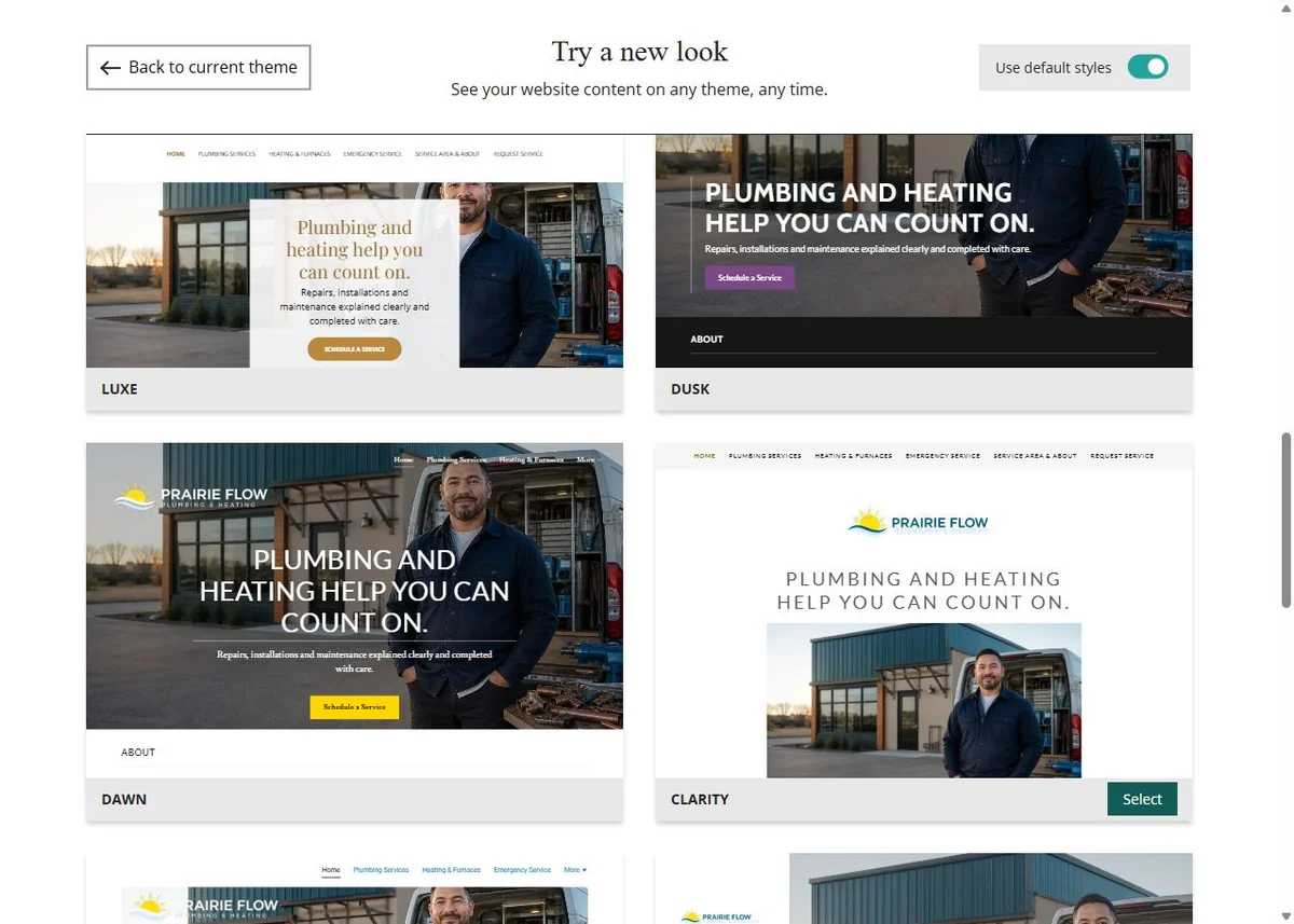 Prairie Flow default-style theme previews, set 4