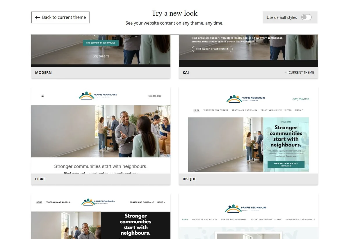 Website Builder theme previews for Prairie Neighbours using its chosen colours, group 2